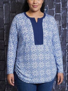 Lands' End Women's Plus Size 2X Blue White Medallion Boho Split Neck Tunic Top